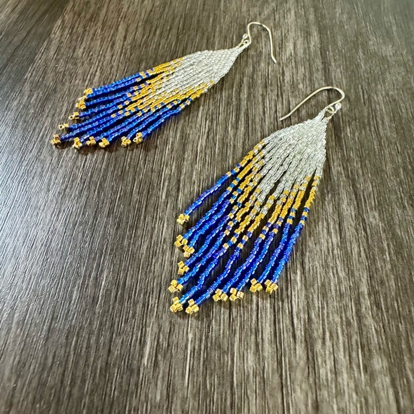Handmade Beaded Earrings Medium Length Earrings Gold, Blue, Iridescent White - Picture 4 of 7